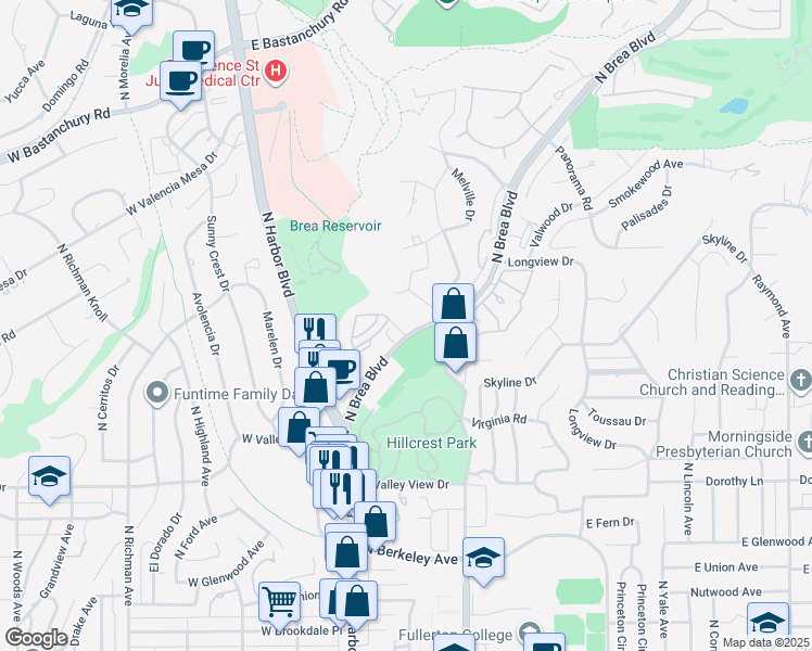 map of restaurants, bars, coffee shops, grocery stores, and more near 1400 Elks View Lane in Fullerton
