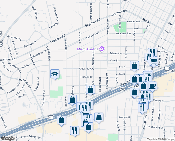 map of restaurants, bars, coffee shops, grocery stores, and more near 2703 Lawrence Road in Wichita Falls