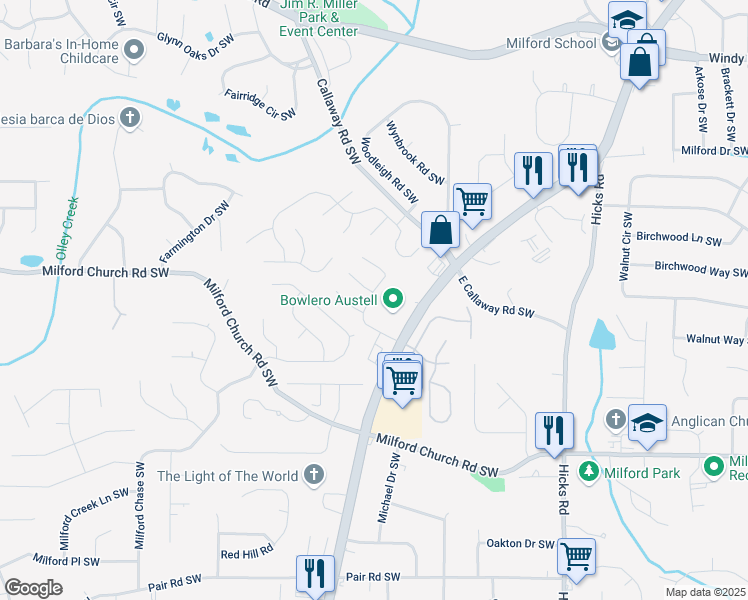 map of restaurants, bars, coffee shops, grocery stores, and more near 2727 Waymar Drive Southwest in Marietta