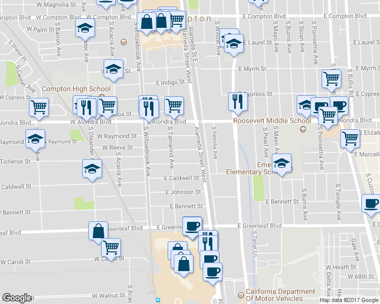 map of restaurants, bars, coffee shops, grocery stores, and more near 230 East Reeve Street in Compton