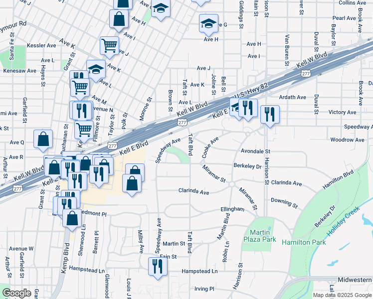map of restaurants, bars, coffee shops, grocery stores, and more near 2704 Taft Boulevard in Wichita Falls