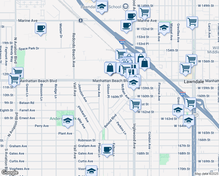 map of restaurants, bars, coffee shops, grocery stores, and more near 3500 Gibson Place in Redondo Beach