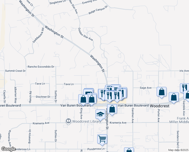 map of restaurants, bars, coffee shops, grocery stores, and more near 16872 Iris Avenue in Riverside