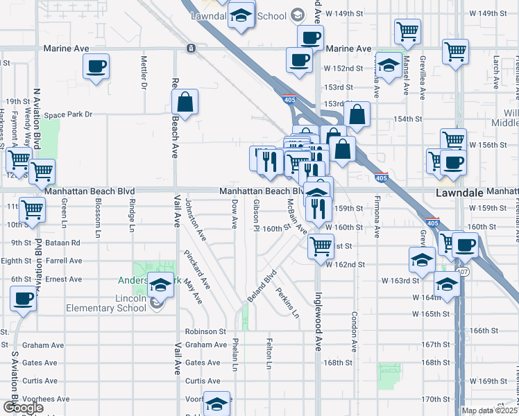 map of restaurants, bars, coffee shops, grocery stores, and more near 3500 Gibson Place in Redondo Beach