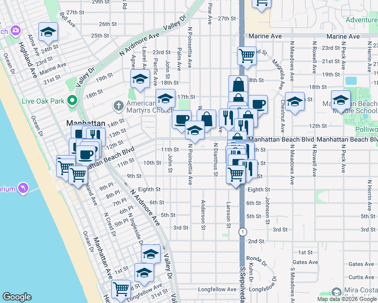 map of restaurants, bars, coffee shops, grocery stores, and more near 864 11th Street in Manhattan Beach