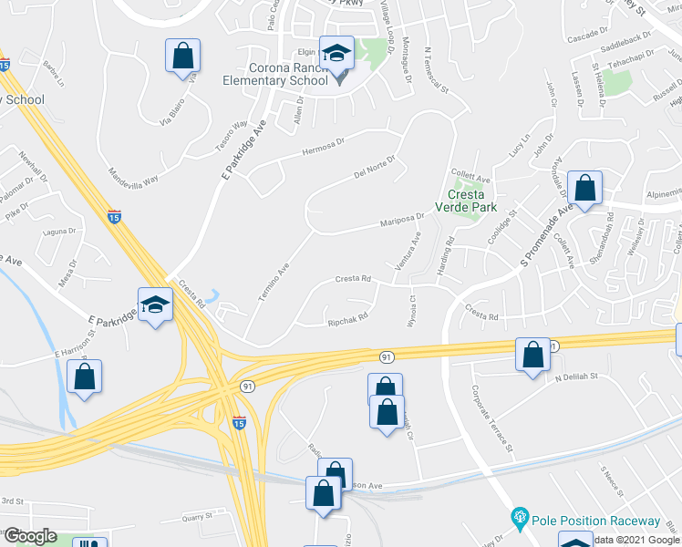 map of restaurants, bars, coffee shops, grocery stores, and more near 1431 Cresta Road in Corona
