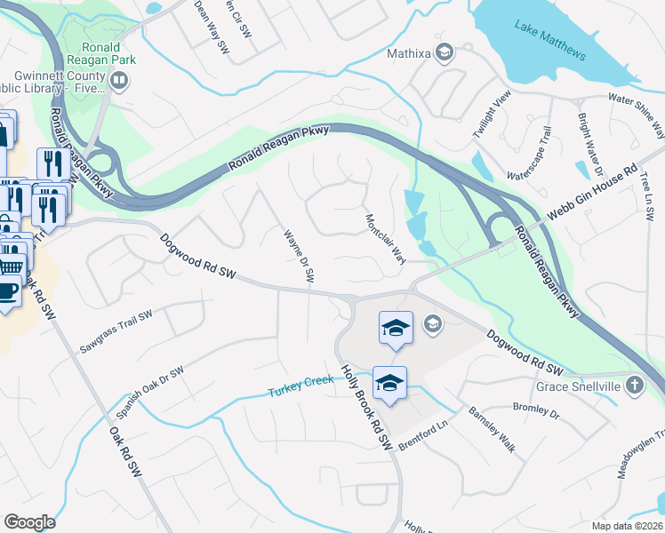 map of restaurants, bars, coffee shops, grocery stores, and more near 2710 Montclair Place in Snellville