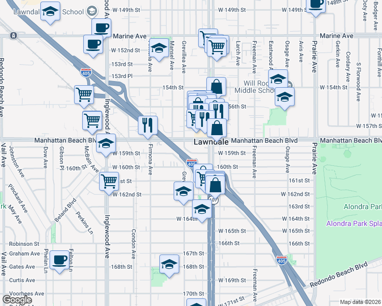 map of restaurants, bars, coffee shops, grocery stores, and more near 4445 West 159th Street in Lawndale