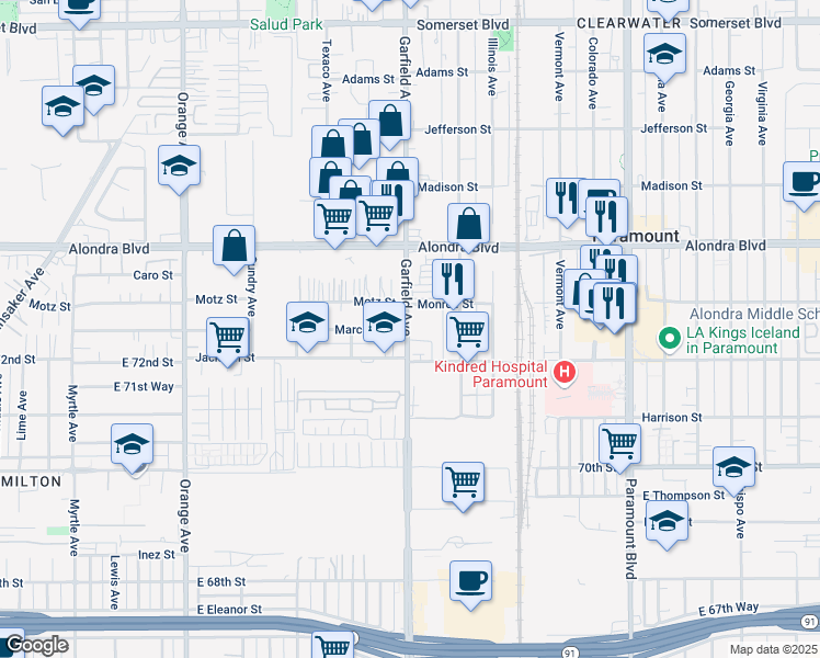 map of restaurants, bars, coffee shops, grocery stores, and more near 16222 Garfield Avenue in Paramount