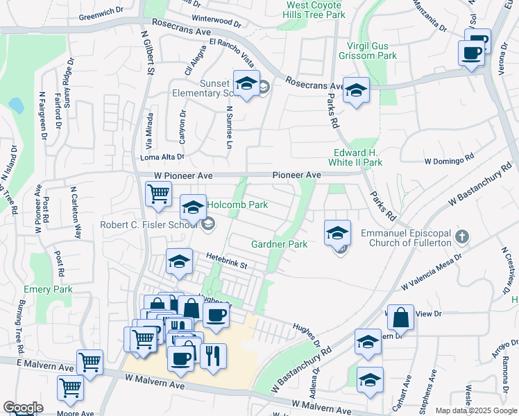 map of restaurants, bars, coffee shops, grocery stores, and more near 2063 Perkins Street in Fullerton