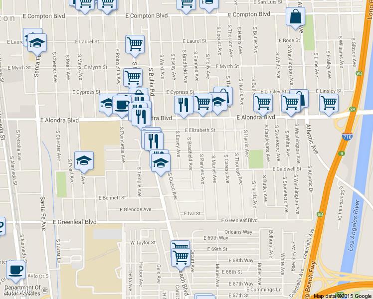 map of restaurants, bars, coffee shops, grocery stores, and more near 16219 South Bradfield Avenue in Compton