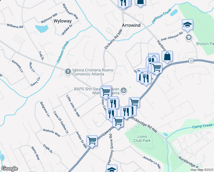 map of restaurants, bars, coffee shops, grocery stores, and more near 459 Candlewick Lane Northwest in Lilburn