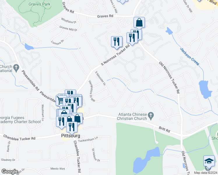 map of restaurants, bars, coffee shops, grocery stores, and more near 1154 South Minister Drive in Tucker