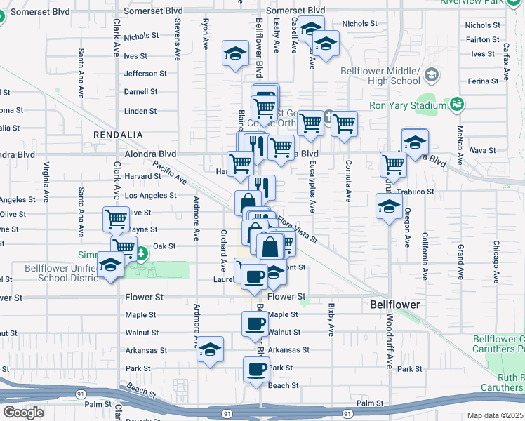 map of restaurants, bars, coffee shops, grocery stores, and more near 16310 Bellflower Blvd in Bellflower