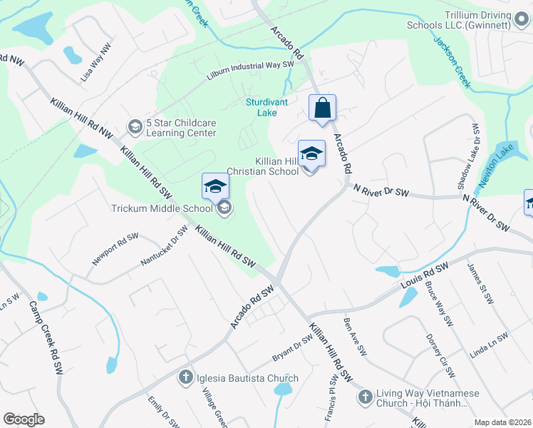 map of restaurants, bars, coffee shops, grocery stores, and more near 164 Jamestown Court Southwest in Lilburn