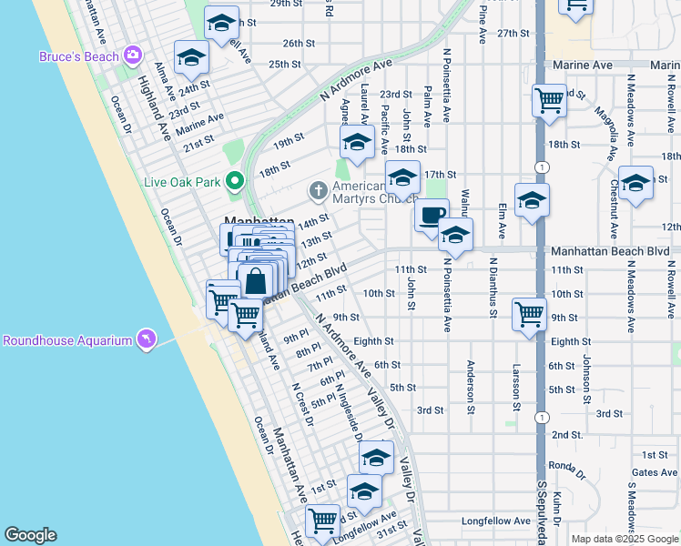 map of restaurants, bars, coffee shops, grocery stores, and more near 656 Manhattan Beach Boulevard in Manhattan Beach