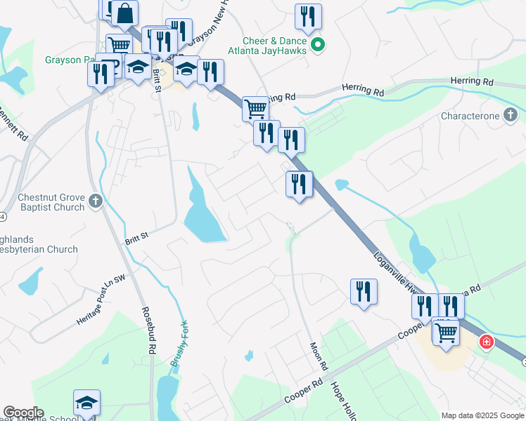 map of restaurants, bars, coffee shops, grocery stores, and more near 2412 Chance Lane in Grayson