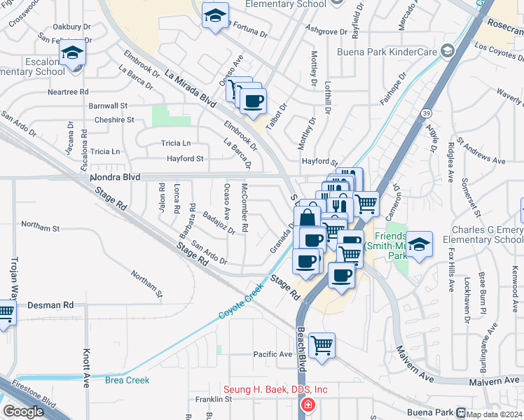 map of restaurants, bars, coffee shops, grocery stores, and more near 7597 Adelanto Drive in Buena Park