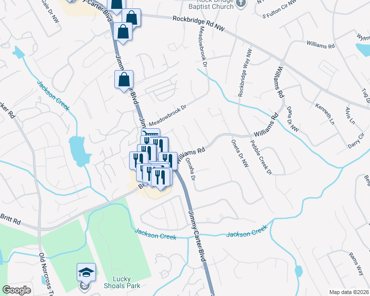 map of restaurants, bars, coffee shops, grocery stores, and more near 860 Omaha Drive in Norcross