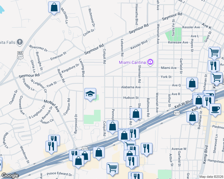 map of restaurants, bars, coffee shops, grocery stores, and more near 2702 Pennsylvania Road in Wichita Falls