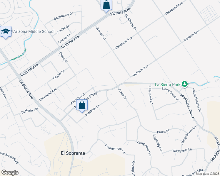 map of restaurants, bars, coffee shops, grocery stores, and more near 12223 Abington Street in Riverside