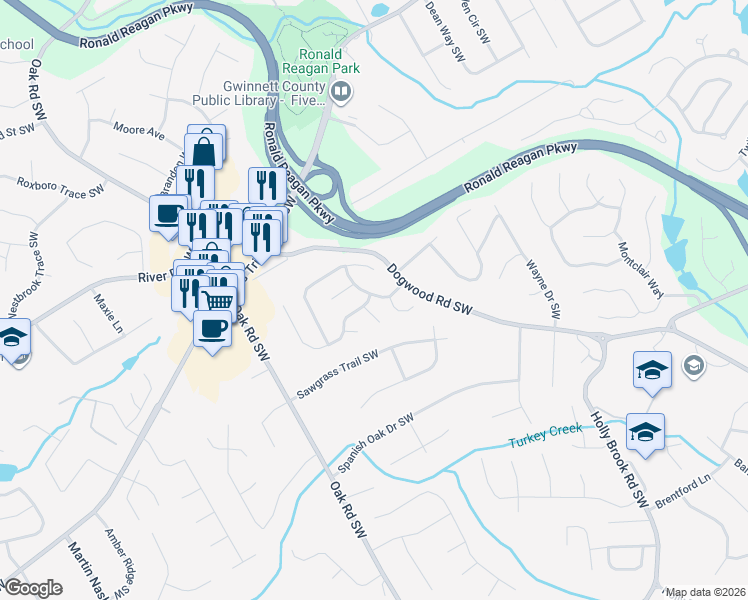 map of restaurants, bars, coffee shops, grocery stores, and more near 989 Dominion Walk Drive Southwest in Snellville