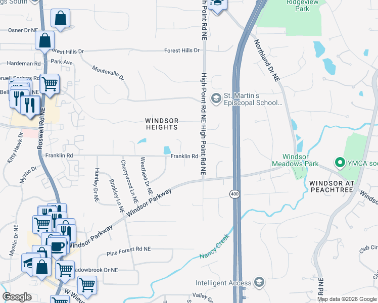 map of restaurants, bars, coffee shops, grocery stores, and more near 570 Franklin Road in Atlanta