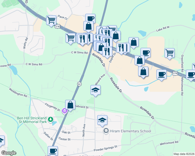 map of restaurants, bars, coffee shops, grocery stores, and more near 2852 Seaboard Ave in Hiram