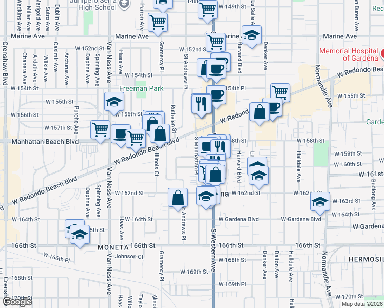 map of restaurants, bars, coffee shops, grocery stores, and more near 1847 West 159th Street in Gardena