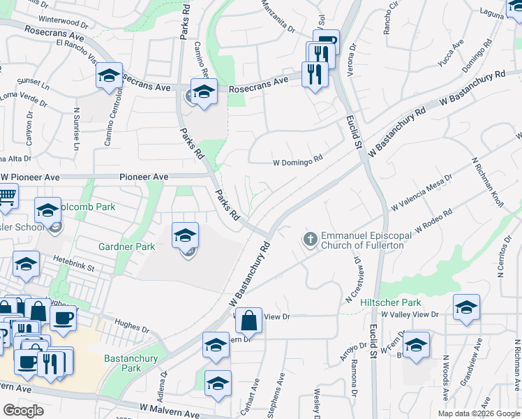 map of restaurants, bars, coffee shops, grocery stores, and more near 1736 North Peacock Lane in Fullerton