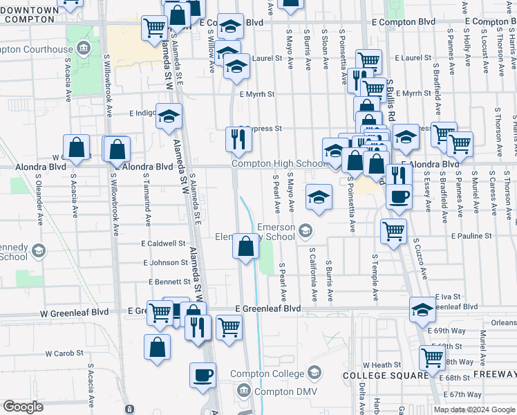 map of restaurants, bars, coffee shops, grocery stores, and more near 1105 North Chester Avenue in Compton
