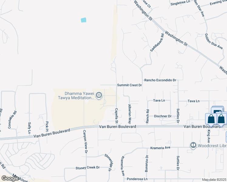 map of restaurants, bars, coffee shops, grocery stores, and more near 16073 Capella Street in Riverside