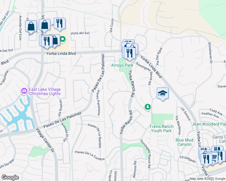map of restaurants, bars, coffee shops, grocery stores, and more near 21079 Carlos Road in Yorba Linda