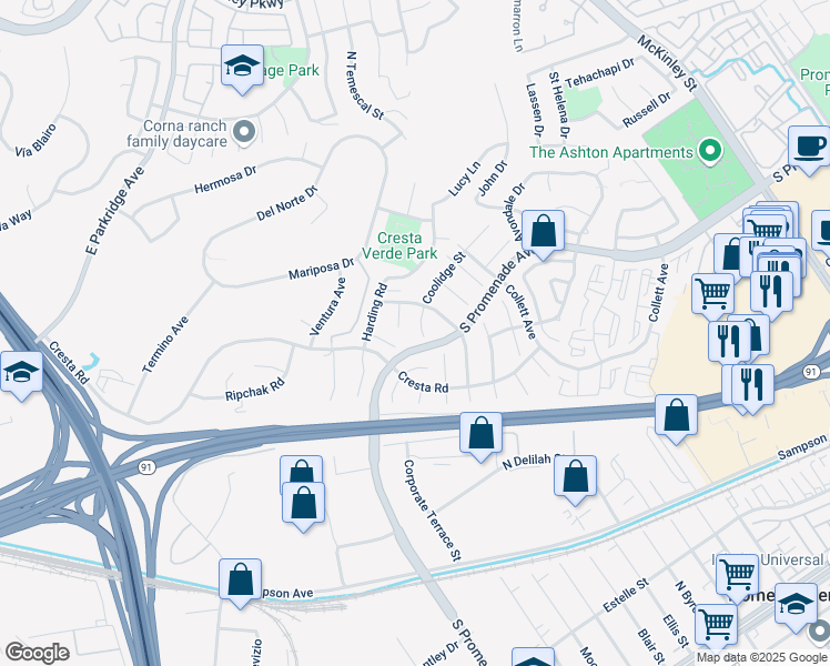 map of restaurants, bars, coffee shops, grocery stores, and more near 517 Hayes Circle in Corona