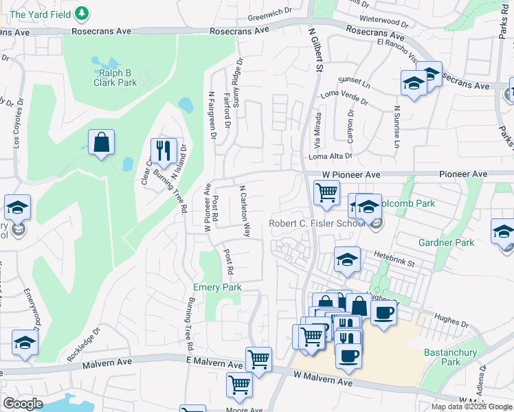 map of restaurants, bars, coffee shops, grocery stores, and more near 2517 Tarrytown Drive in Fullerton