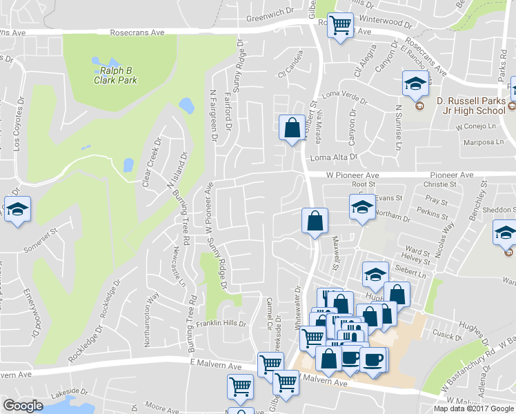 map of restaurants, bars, coffee shops, grocery stores, and more near 2517 Tarrytown Drive in Fullerton