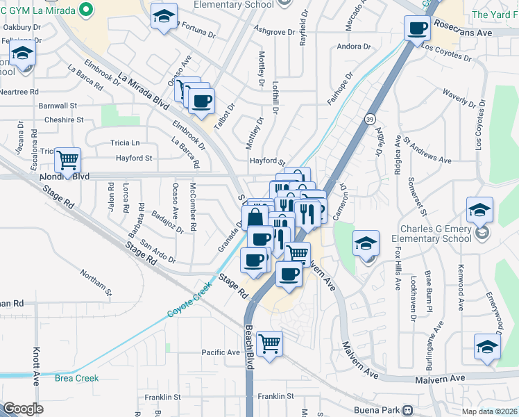 map of restaurants, bars, coffee shops, grocery stores, and more near 65 Frances Circle in Buena Park