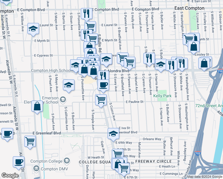 map of restaurants, bars, coffee shops, grocery stores, and more near 3649 East Marcelle Street in Compton