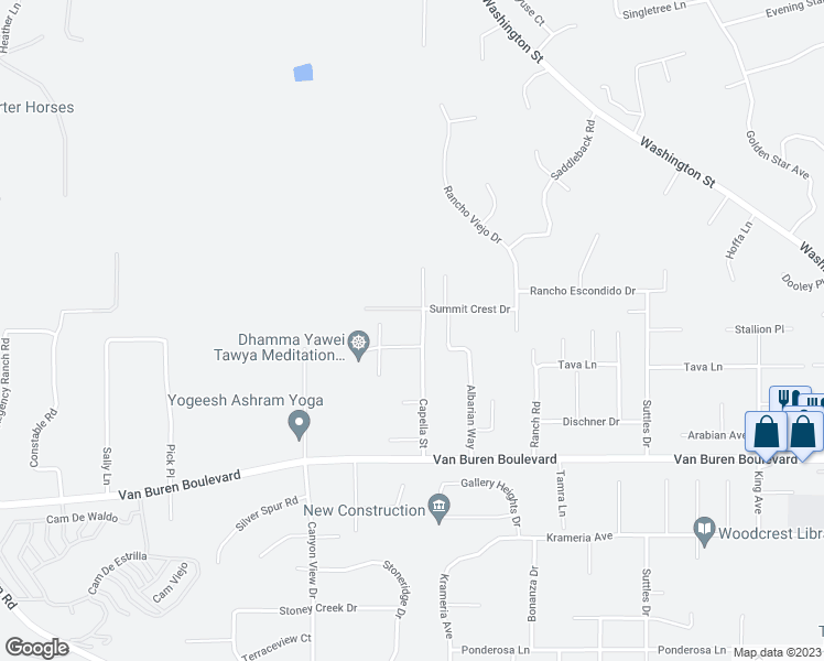 map of restaurants, bars, coffee shops, grocery stores, and more near 16073 Capella Street in Riverside