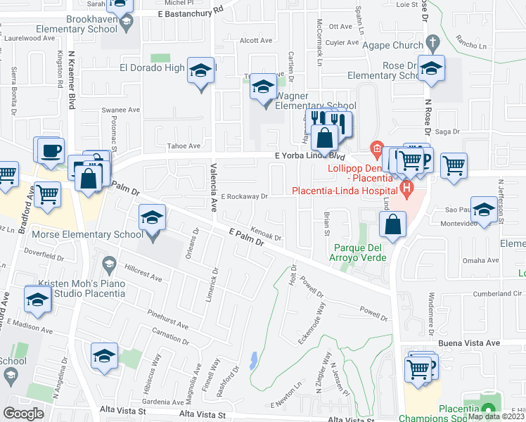 map of restaurants, bars, coffee shops, grocery stores, and more near 1393 McKenzie Drive in Placentia