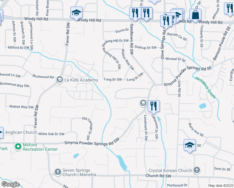map of restaurants, bars, coffee shops, grocery stores, and more near 200 Timber Creek Lane Southwest in Marietta