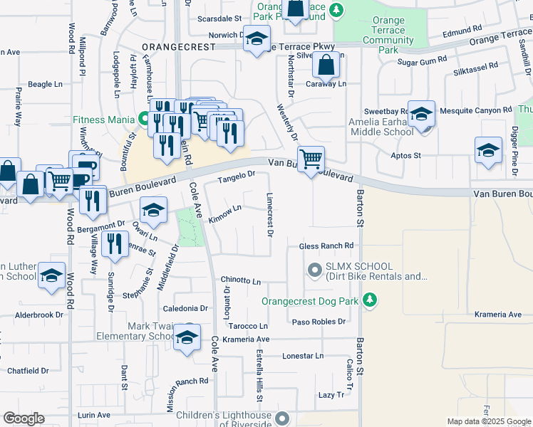 map of restaurants, bars, coffee shops, grocery stores, and more near 9103 Limecrest Drive in Riverside