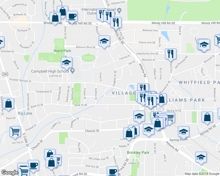 map of restaurants, bars, coffee shops, grocery stores, and more near 1081 Parkview Place Southeast in Smyrna