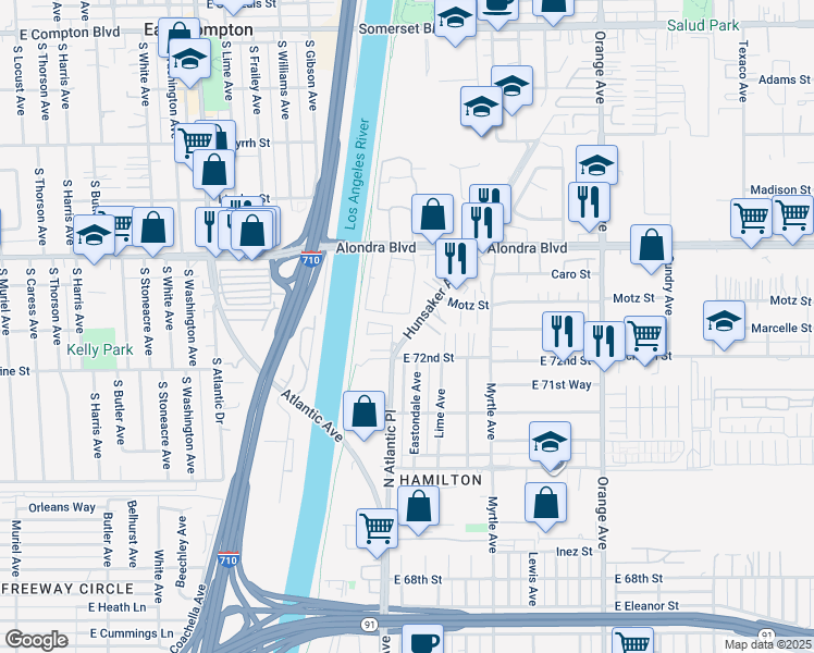 map of restaurants, bars, coffee shops, grocery stores, and more near 16313 Hunsaker Avenue in Paramount