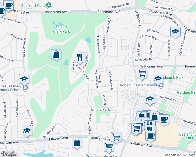 map of restaurants, bars, coffee shops, grocery stores, and more near 1417 Post Road in Fullerton