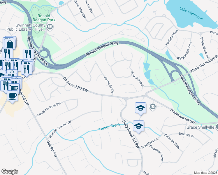 map of restaurants, bars, coffee shops, grocery stores, and more near 1097 Wayne Drive Southwest in Snellville