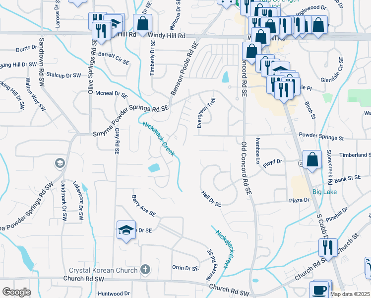 map of restaurants, bars, coffee shops, grocery stores, and more near 1020 Chateau Lane Southeast in Smyrna