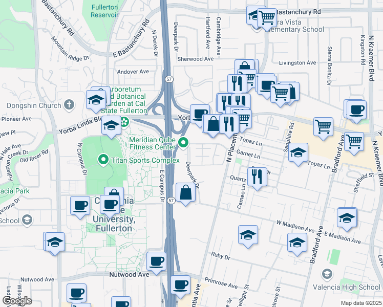 map of restaurants, bars, coffee shops, grocery stores, and more near 1516 Windsor Lane in Fullerton