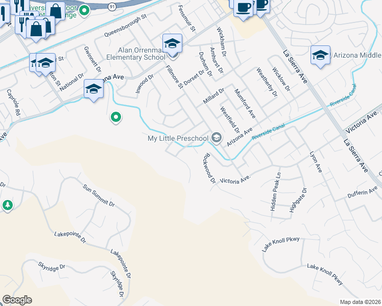 map of restaurants, bars, coffee shops, grocery stores, and more near 3033 Ashwood Court in Riverside