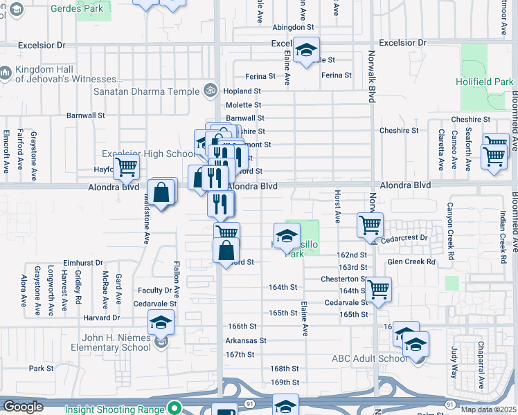map of restaurants, bars, coffee shops, grocery stores, and more near 11873 160th Street in Norwalk